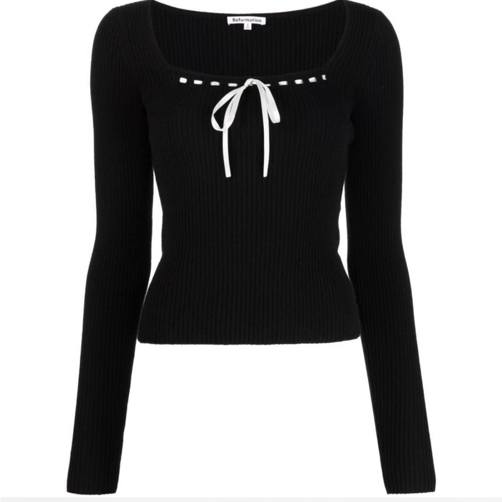 Reformation black knit top with white ribbon